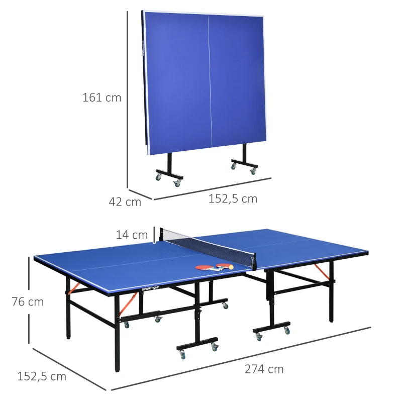 SPORTNOW Table de tennis de table pliable compacte avec 8 roulettes pour intérieur et extérieur 274 x 152,5 x 76 cm bleu