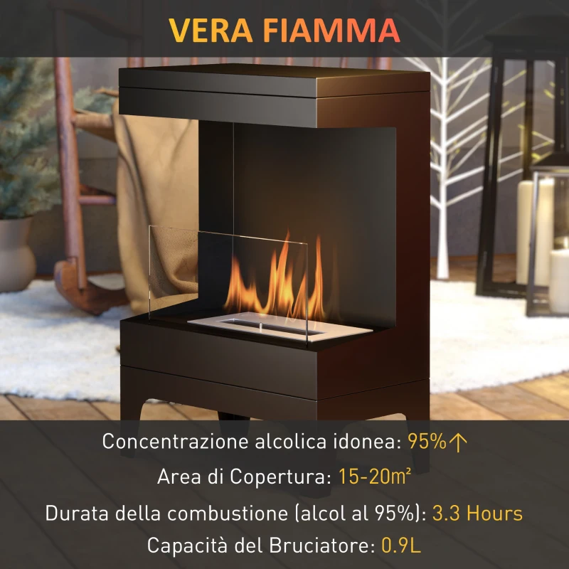 HOMCOM Camino a Bioetanolo Autoportante con Bruciatore da 0.9L e Durata 3.3 Ore, 38x22x54 cm, Nero