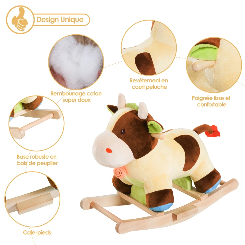 HOMCOM Cheval à bascule vache à bascule rembourrage coton grand confort peluche courte douce bois peuplier jaune marron