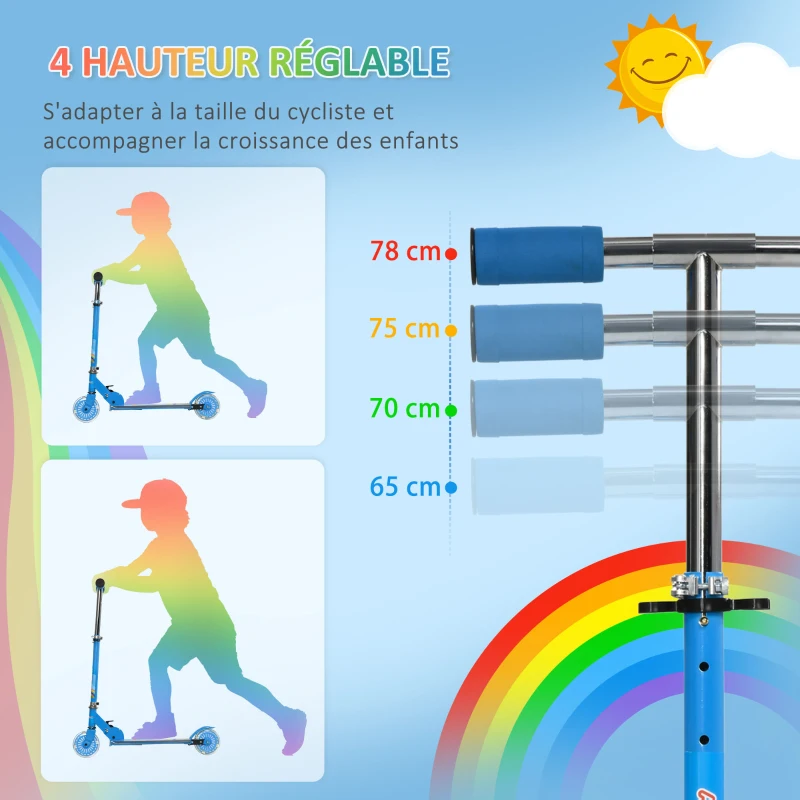 HOMCOM Trottinette pour enfants de 3 à 7 ans pliable roues lumineuses en PU musique 67 x 32 x 78 cm bleu