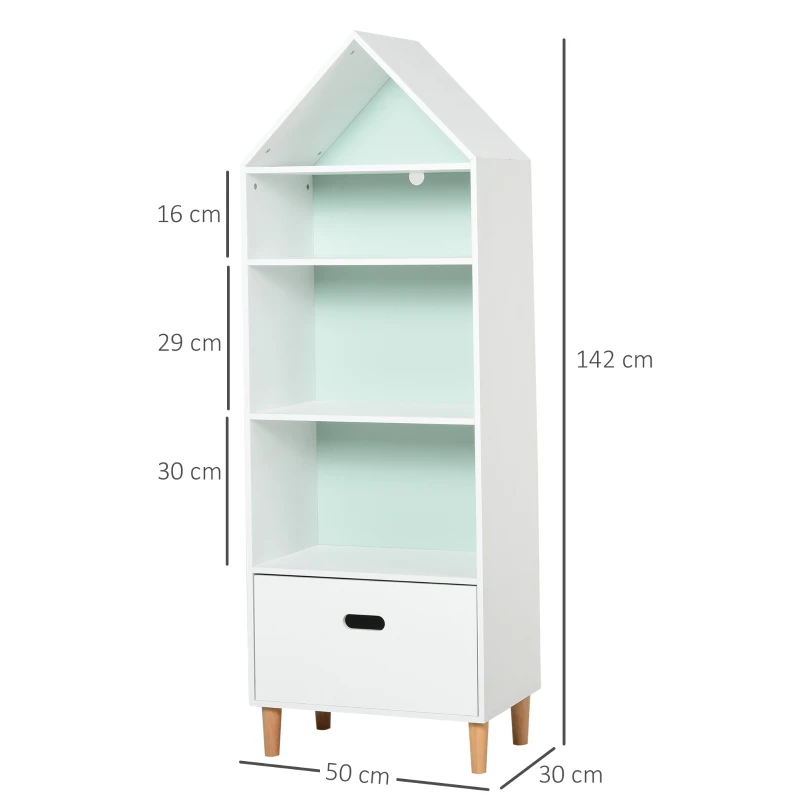 HOMCOM Estantería Infantil Librería de Madera para Niños para Libros Juguetes DVDs con 4 Estantes 1 Cajón Tablero de 2 Colores Diseño Compacto 50x30x142 cm Blanco