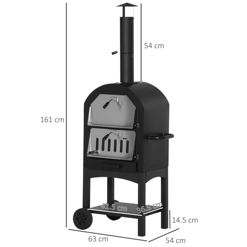 Outsunny Forno per Pizza e Barbecue a Carbone Portatile in Acciaio con Camino e Ruote, 63x54x161 cm, Nero