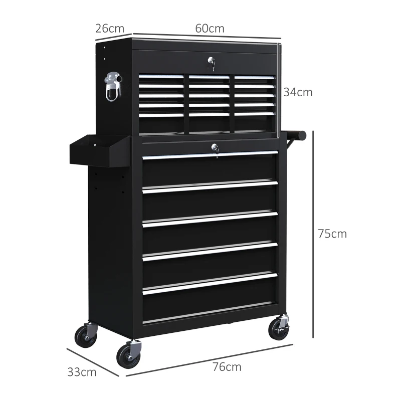HOMCOM 14 Drawer, Two-Part Tool Storage Chest on Wheels - Black