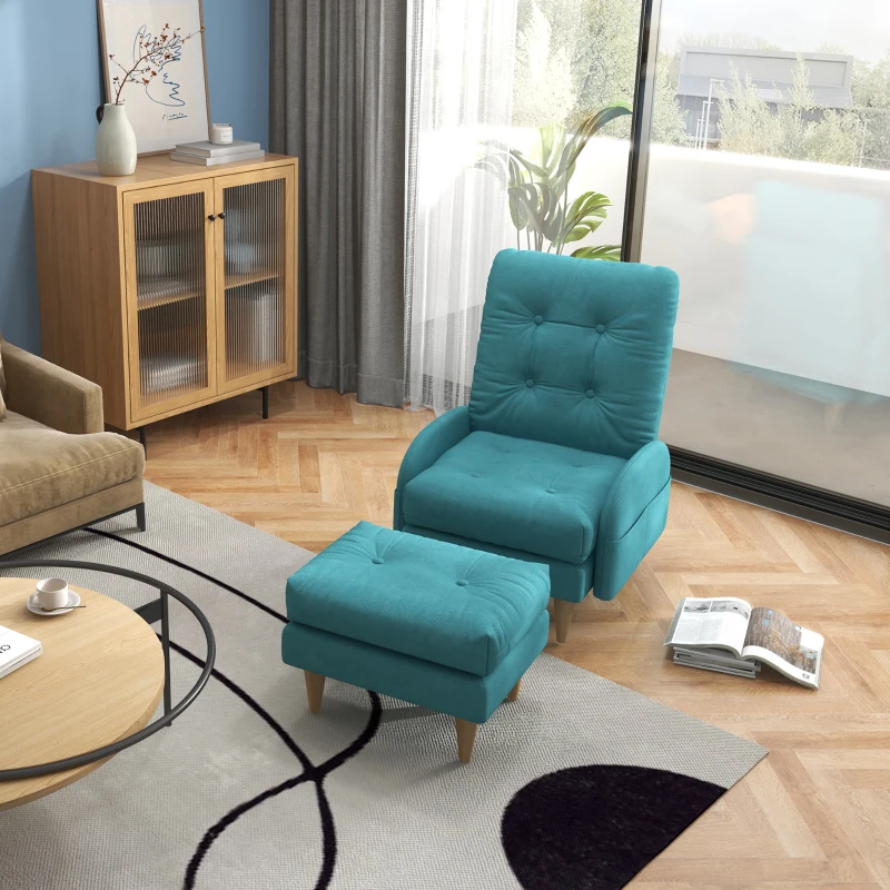 HOMCOM Upholstered Recliner Armchair with Footstool Set, Modern Button Tufted Accent Chair with Adjustable Backrest, Cushions, Wood Legs and Side Pockets for Living Room, Bedroom, Home Study, Blue