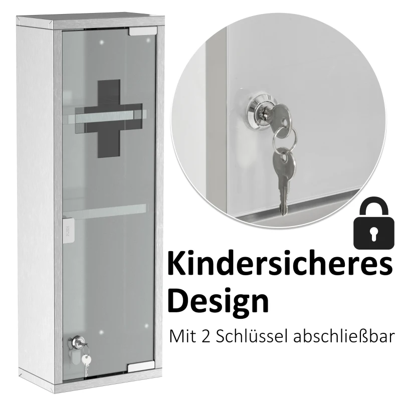 kleankin Medizinschrank aus Edelstahl und gehärtete Glastür Arzneischrank zur Medikamenten-Aufbewahrung, Abschließbar Medikamentenschrank mit 3 Fächern, Erste Hilfe Schrank, 20 x 12 x 58 cm, Silber