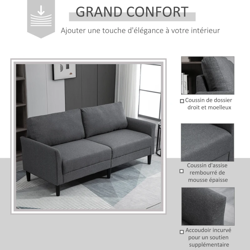 HOMCOM Canapé 3 Places Style Contemporain assises Larges Profondes accoudoirs courbés piètement effilé Bois hévéa Noir Polyester Gris foncé