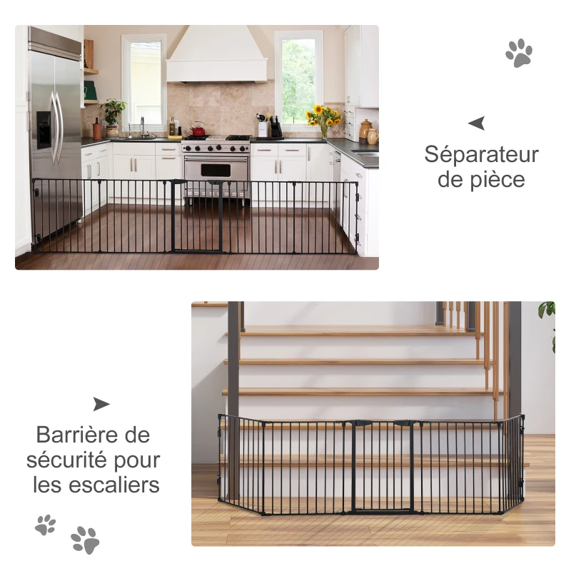 PawHut Barrière de sécurité parc enclos chien modulable pliable porte intégrée 300L max. x 74,5H cm métal PP noir