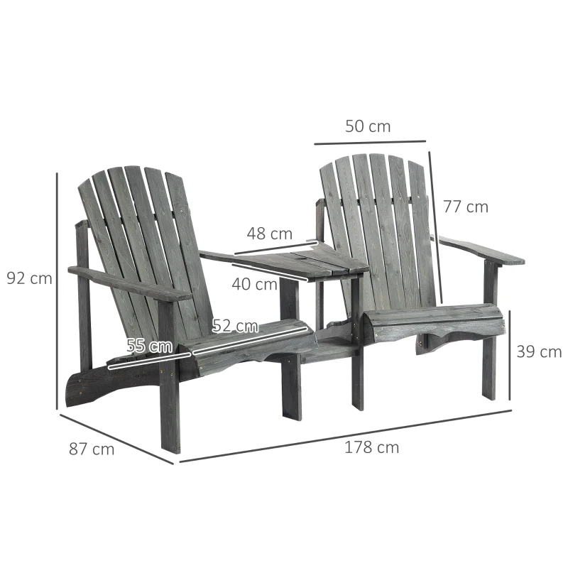 Outsunny Adirondack Gartenstuhl mit Tisch und Schirmloch 2 Sitzer Gartensessel Sitzgruppe Gartenmöbel für Balkon Massivholz Grau 178 x 87 x 92 cm