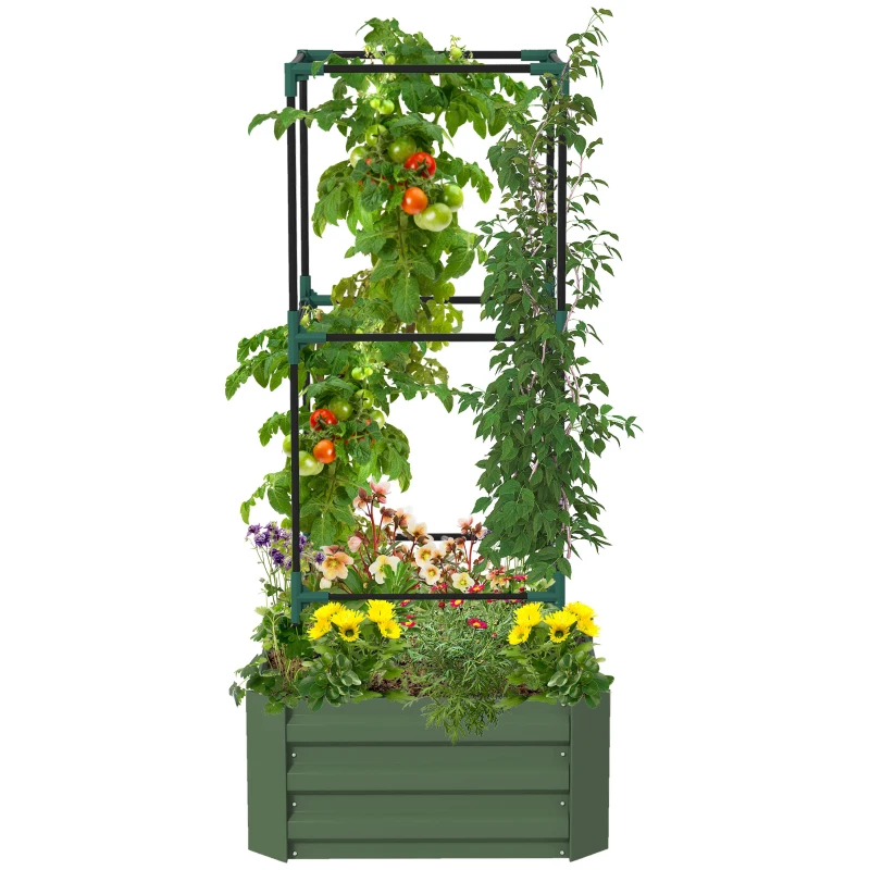 Outsunny Hochbeet mit Rankgitter Pflankasten mit Rankhilfe, offener Boden, wetterbeständig, 61 cm x 61 cm x 140 cm, Grün(m-10)