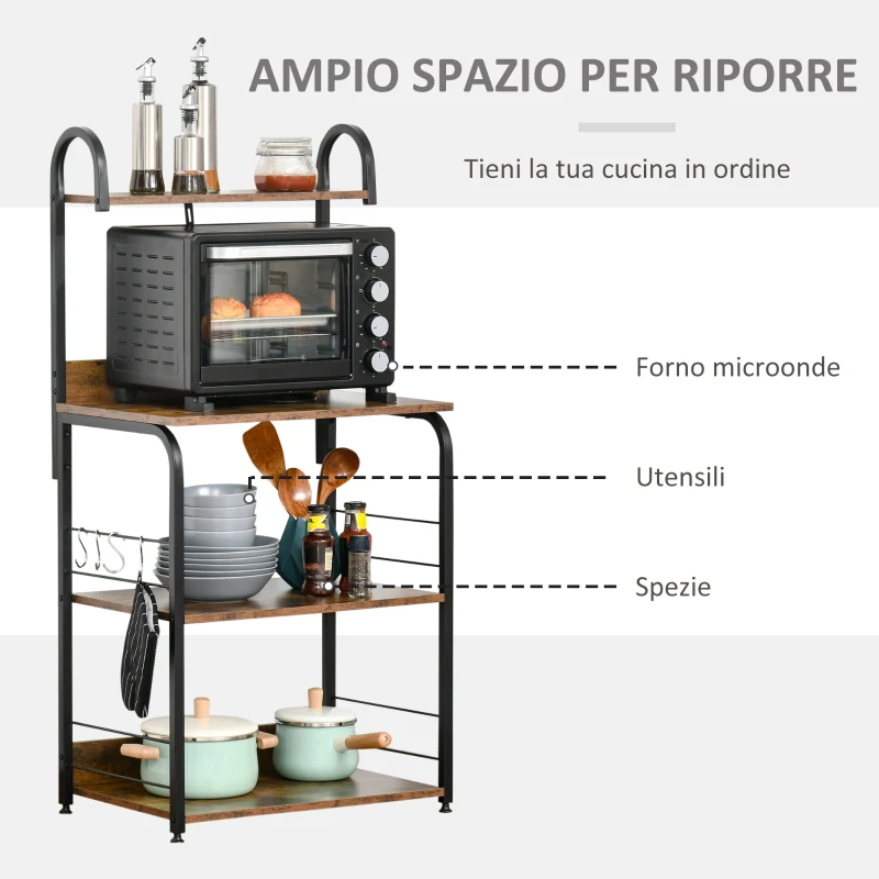 HOMCOM Mobiletto per Microonde a 4 Ripiani e 4 Ganci, Mobile Cucina in Acciaio e Legno 60x40x125cm, Marrone Rustico