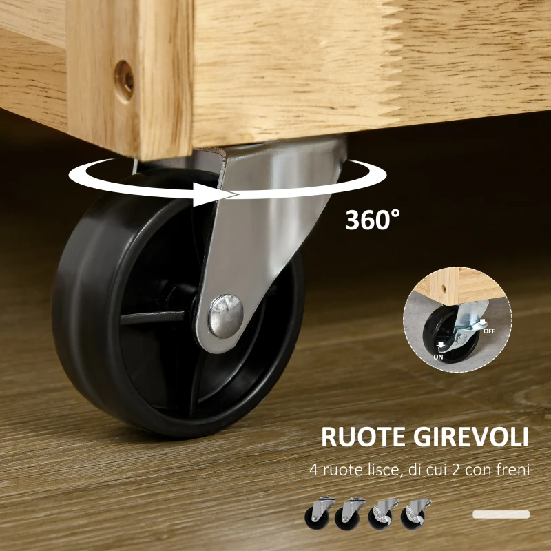 HOMCOM Carrello da Cucina in Legno con Cassetto, Armadietto e Ruote, 136x47x91,5cm