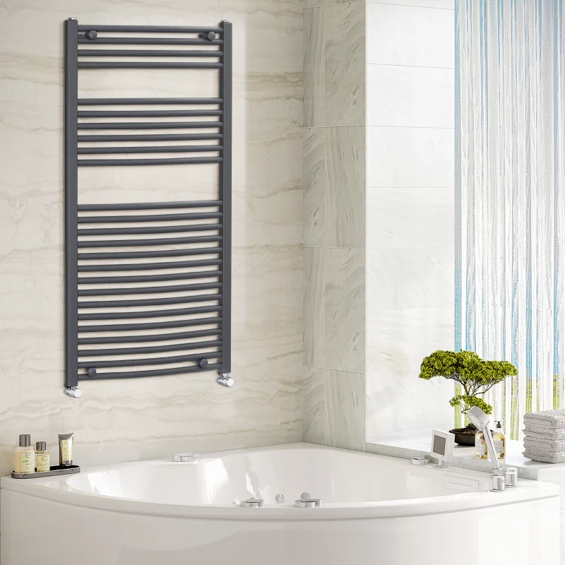 HOMCOM Curved Heated Towel Rail, Hydronic Bathroom Ladder Radiator Towel Warmer For Central Heating 600mm x 1200mm, Grey