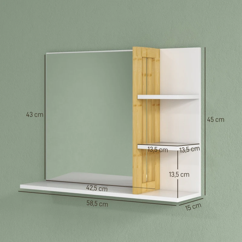 HOMCOM Espejo de Baño Moderno Espejo de Pared Rectangular con 4 Estantes de Almacenamiento para Maquillaje 45x15x58,5 cm Blanco