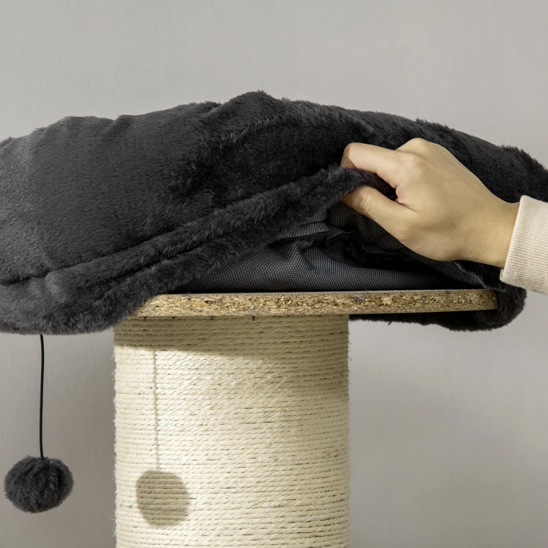 PawHut Arbre à chat griffoir sisal naturel 2 plateformes panier observation jeu boule suspendue peluche grise