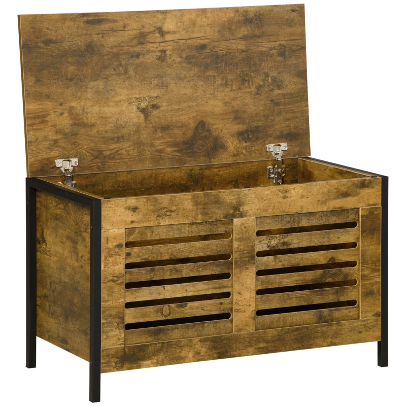 HOMCOM Banc coffre de rangement style industriel dim. 80L x 40P x 49H cm marron rustique et noir