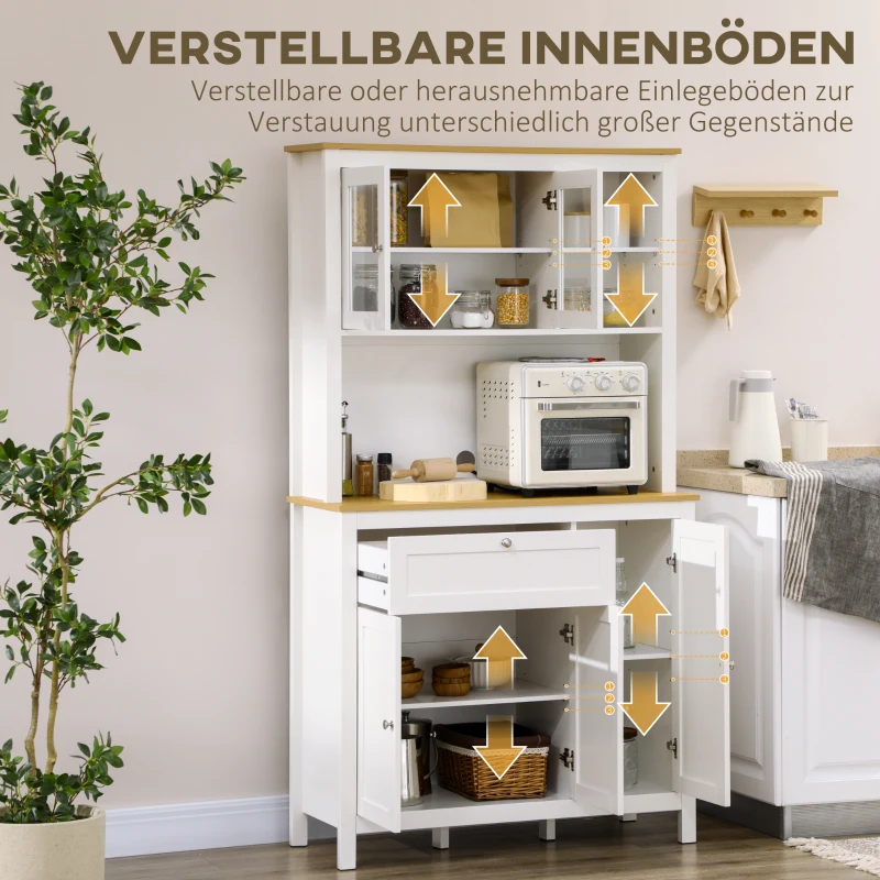 HOMCOM Küchenschrank im Landhausstil, 1 Vitrine, 1 offenes Regal, 1 Schublade, 2 Schränke, Natur + Weiß