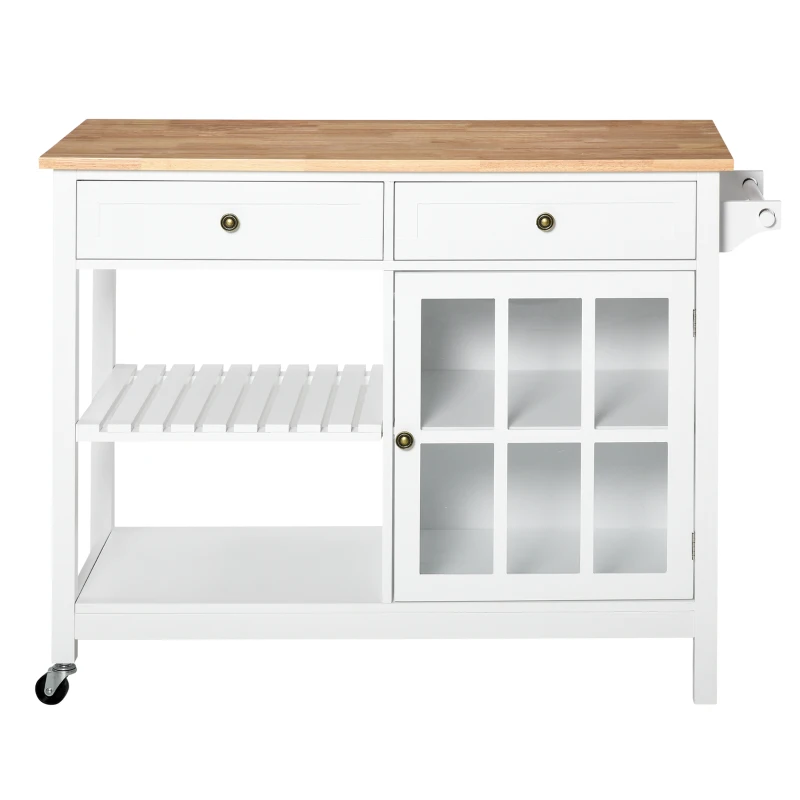 HOMCOM Kitchen Island on Wheels, Kitchen Trolley Storage Cart with 2 Drawers, Cabinet, Towel Rack, Rubber Wood Top