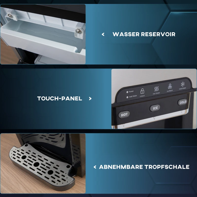 HOMCOM Kombi-Wasserspender, Eiswürfelfunktion, heißes und kaltes Wasser, Stahl, schwarz, 42,8 x 27,8 x 50 cm