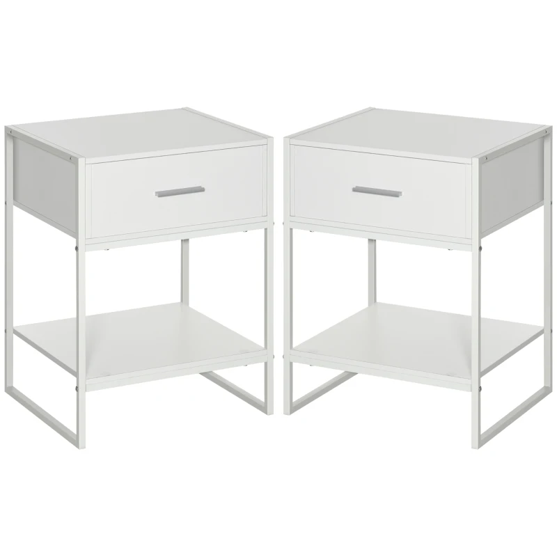 HOMCOM Set 2 Comodini Moderni, 2 Comodini da Camera da Letto e Soggiorno, con Cassetto e Ripiano Aperto, Design Moderno, in MDF e Acciaio, 45x40x60cm, Bianco