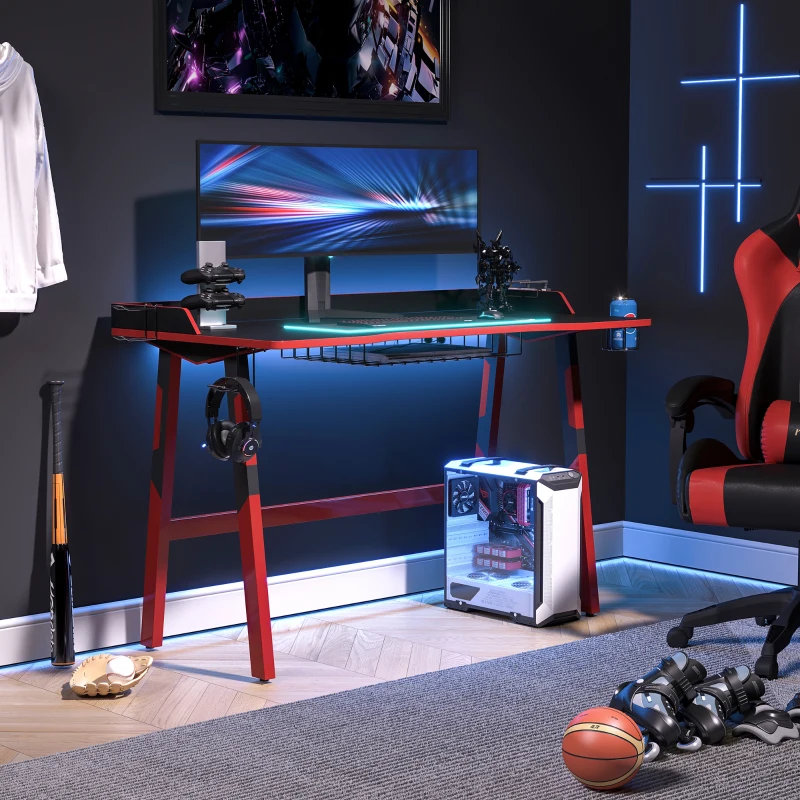 HOMCOM Gaming Desk Computer Table Stable Steel Frame with Cup Holder Headphone Hook, Cable Basket, Black