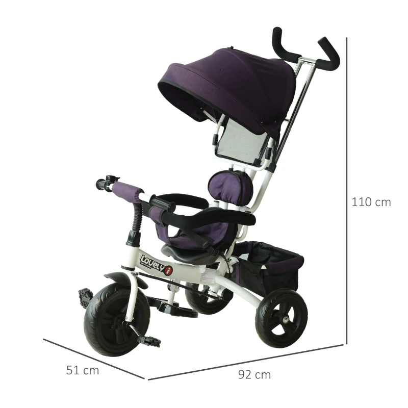 HOMCOM Triciclo Evolutivo para Bebés 6 en 1 Triciclo para Niños de 1-5 Años Bicicleta para Niños con Toldo Plegable Mango Telescópico Desmontable Cinturón de Seguridad y Cesto 95x50x106 cm Morado