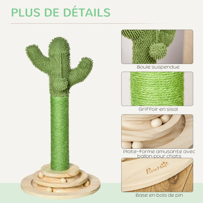PawHut Arbre à chat griffoir forme de cactus en sisal naturel pompon suspendu et plateforme de jeu boules Ø 32 x 60 cm vert