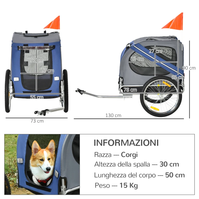 PawHut Carrello per Cani con Reti protettive, Bandierine e Catarifrangenti, 130x73x94 cm, Blu e Grigio