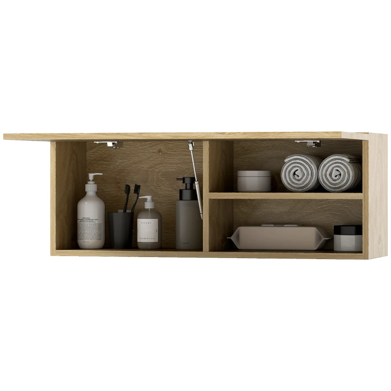 HOMCOM Mobiletto Bagno Pensile con Anta a Ribalta e Ripiani, 80x25x30 cm, Legno Naturale