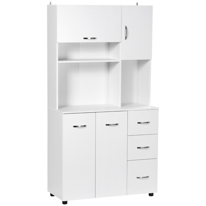HOMCOM Armoire de cuisine multi-rangements 4 portes 3 tiroirs étagère + grand plateau 89L x 39,5l x 168H cm blanc