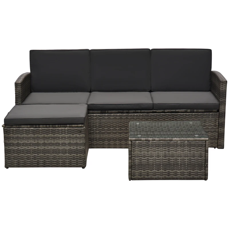 Outsunny 3 Pieces Outdoor PE Rattan Corner Sofa Set with Thick Cushions, Patio Rattan Garden Furniture with Glass Top Coffee Table and Footstool, Grey