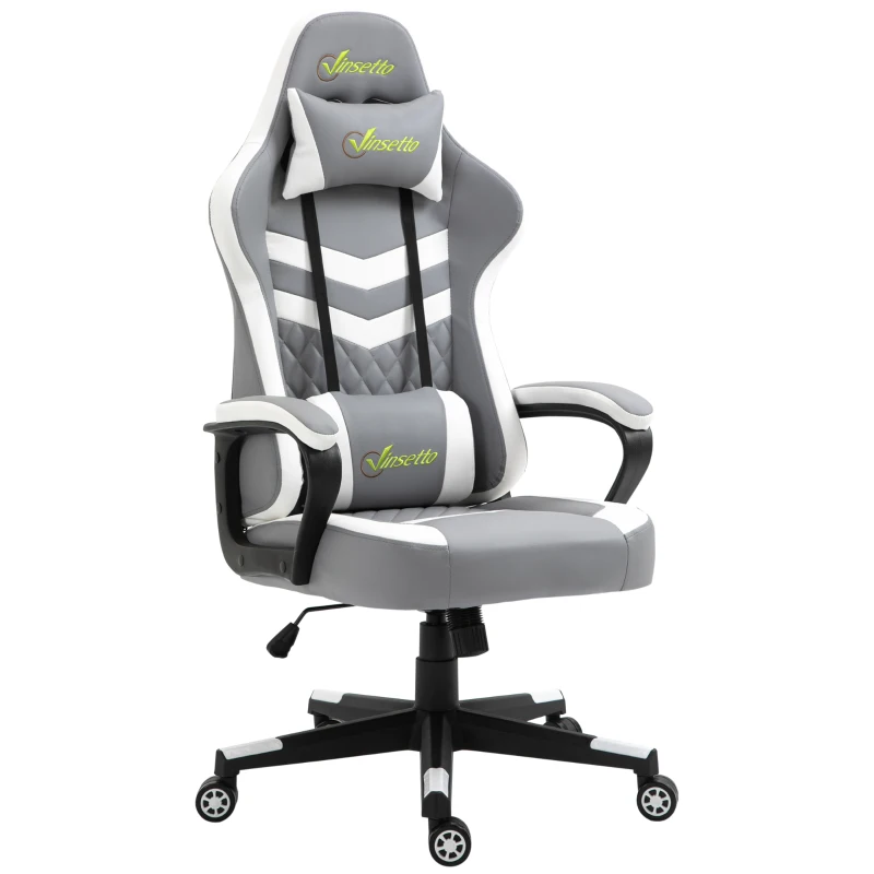 Vinsetto Gaming Chair, Computer Desk Chair with Lumbar Support, Faux Leather Racing Chair with Headrest and Swivel Wheels for Home Office, Grey White