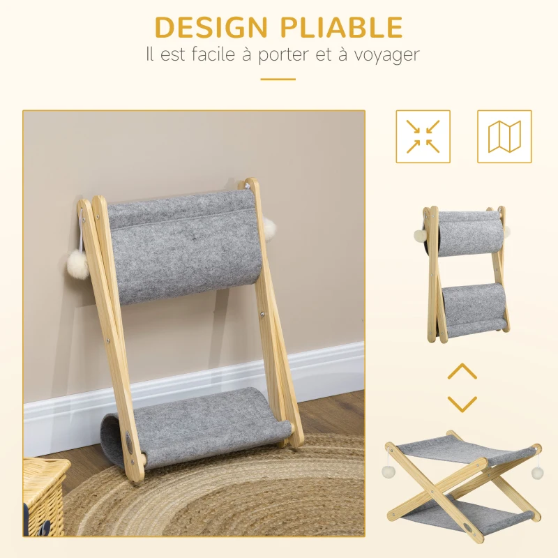 PawHut Lit pliable pour chats hamac 2 niveaux en bois et feutrine avec jeu boules suspendues - dim. 52L x 42l x 33,5H cm