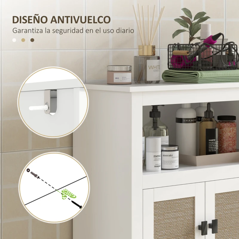 HOMCOM Mueble Auxiliar de Baño con 2 Puertas con Frontal de Ratán Estante Ajustable y Compartimento Abierto 60x30x90 cm Blanco
