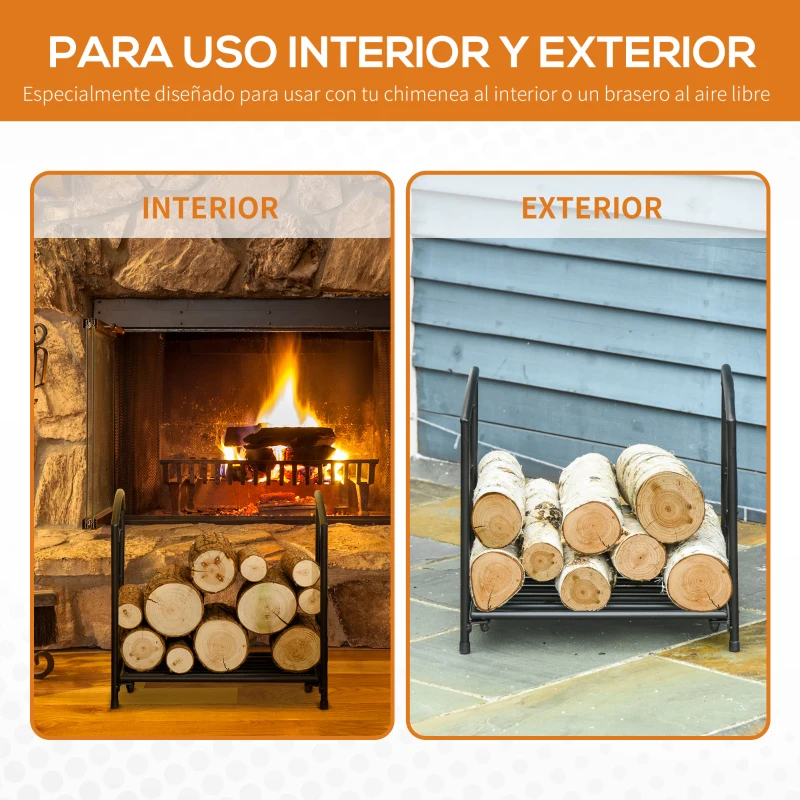 Outsunny Estante para Leña 39,5x31,5x39,5 cm Soporte para Leña Metálico Leñero Interior y Exterior con Rejilla y Base Elevada Diseño Vintage Carga Máx. 50 kg Negro