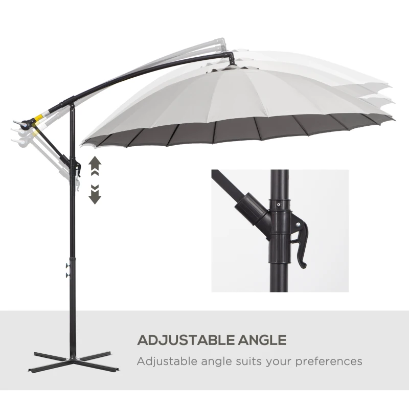 Outsunny 3(m) Cantilever Umbrella 18 Ribs & Vents Adjustable Angle for Patio Light Grey