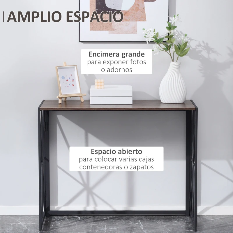 HOMCOM Mesa Consola de Entrada de Estilo Industrial con Marco de Metal Plegable y Encimera de Madera 100x38x80 cm Marrón