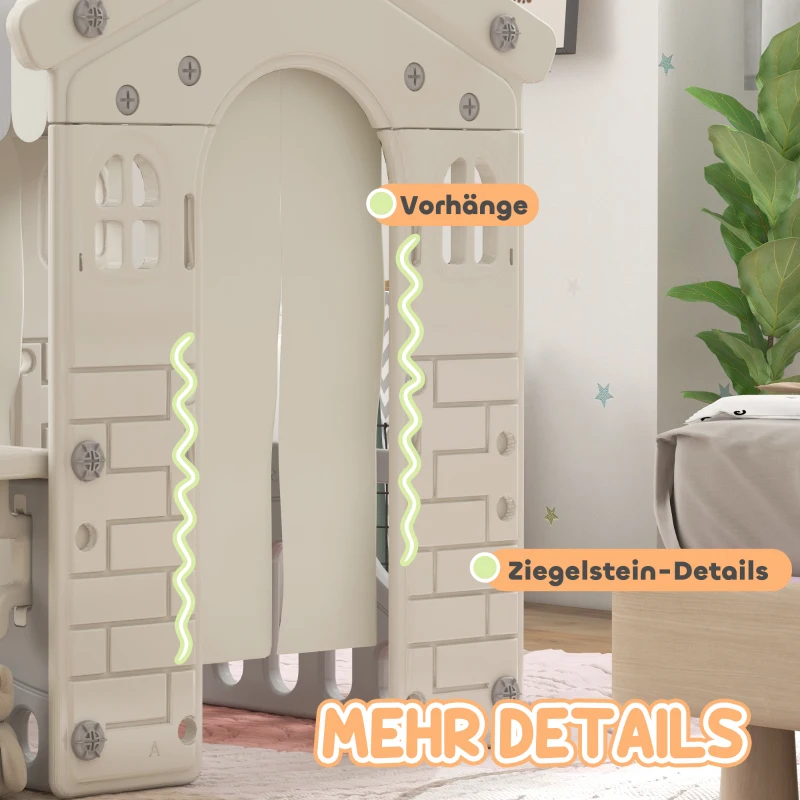 AIYAPLAY Kinder-Spielhaus mit dekorierten Fenstern, gewölbten Türen, Servierstation, 108x80x111 cm, Creme