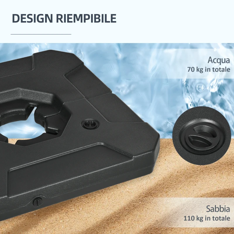 Outsunny Set 2 Piastre Base per Ombrellone da Giardino Riempibile con Acqua e Sabbia, Nero