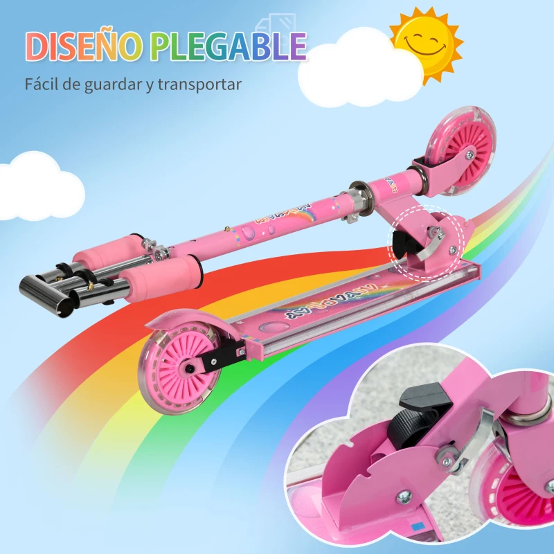 HOMCOM Patinete Infantil Plegable con Luces Música Altura Ajustable Ruedas Brillantes Pedal LED Carga 50kg 67x32x65-78cm Rosa