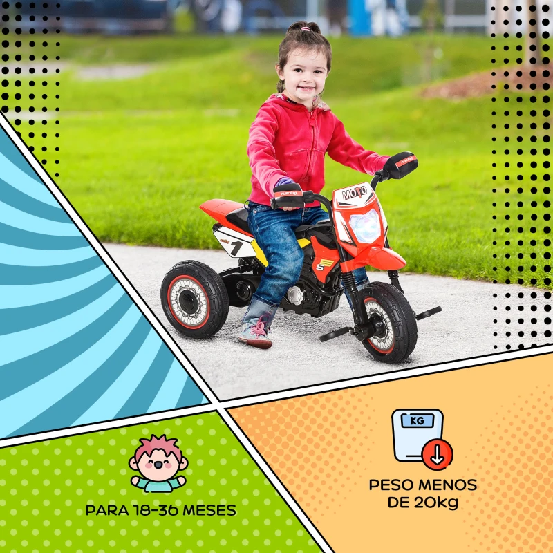 HOMCOM Moto Correpasillos Infantil para Niños de +18 Meses con Apariencia de Moto de Montaña con 3 Ruedas con Luces y Sonido Pedales Diseño Único 71x40x51 cm Rojo(m-5)