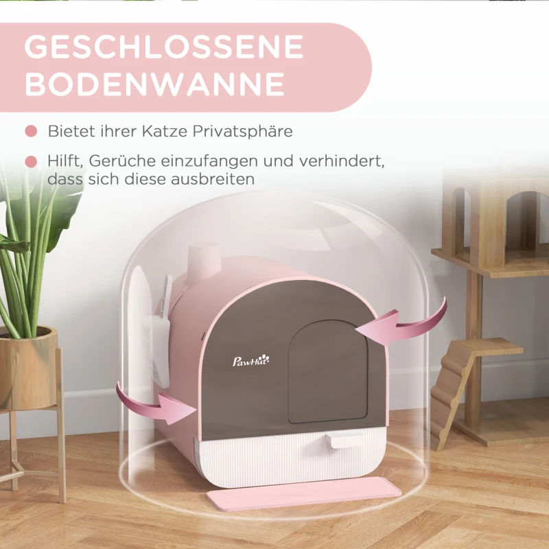 PawHut Katzentoilette mit Deckel, Streuschaufel, Schmutzfangmatte, Kunststoff, Rosa/Schwarz