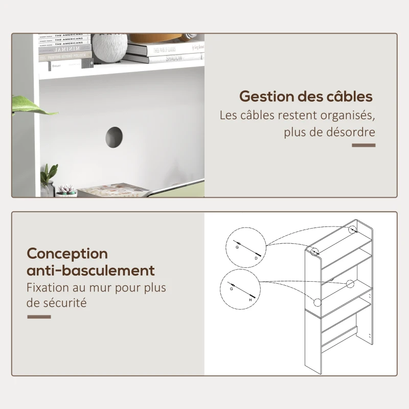 HOMCOM Bureau informatique avec étagères de rangement plateau rabattable 2 roulettes pour chambre salon 80 x 69 x 155 cm blanc