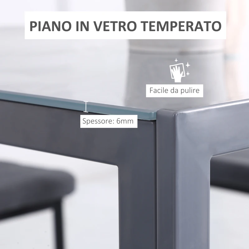 HOMCOM Tavolo Quadrato da 4 Persone per Cucina e Soggiorno, Tavolo Moderno in Metallo e Vetro Temperato, 75x75x75 cm, Grigio