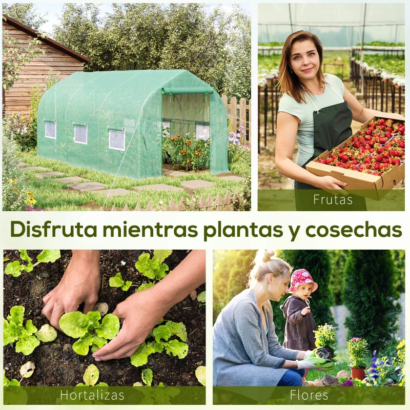 Outsunny Invernadero de Jardín 4x2x2 m Invernadero de Túnel con 6 Ventanas Transpirables y Puerta Enrollable Verduras Verde(m-7)