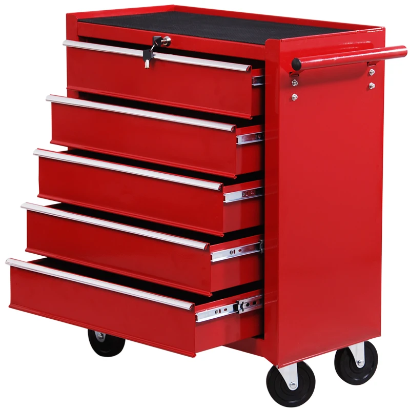 HOMCOM 5 Drawer Tool Box on Wheels, Lockable Steel Tool Cabinet with Side Handle, Red