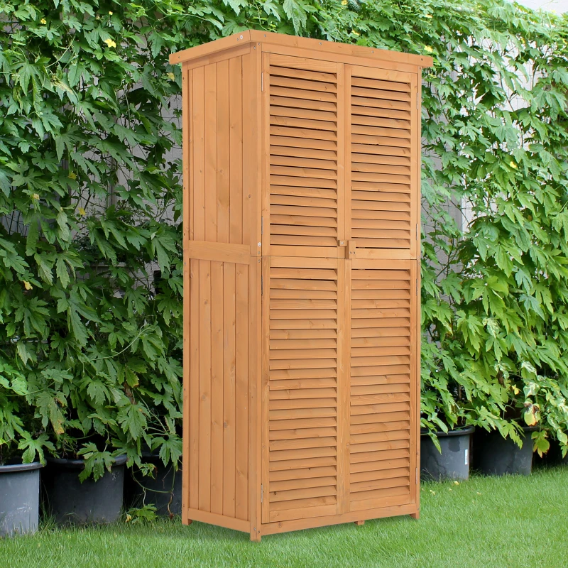 Outsunny Cobertizo de Madera Caseta Exterior Armario para Herramientas de Jardinería Persiana Delantera Compartimientos de Diferentes Tamaños 87x46.5x160cm Madera Maciza
