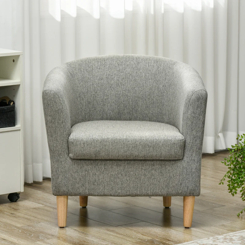 HOMCOM Poltrona Moderna a Pozzetto in Tessuto Effetto Lino con Gambe in Legno, 74x63x73cm, Grigio