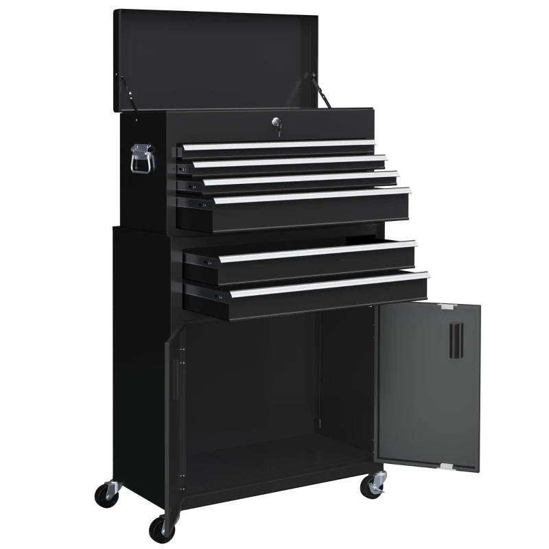 HOMCOM Portable Tool Box, Metal Tool Chest on Wheels with 6 Drawers for Garage and Workshop, Black