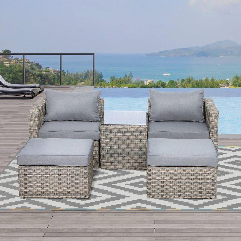 Outsunny 5 Piece Rattan Garden Furniture Set w/ 10cm Thick Cushions, Aluminium Frame Wicker Outdoor Balcony Sofa Set with Corner Armchairs, Ottomans, and Glass Top Table, Mixed Brown