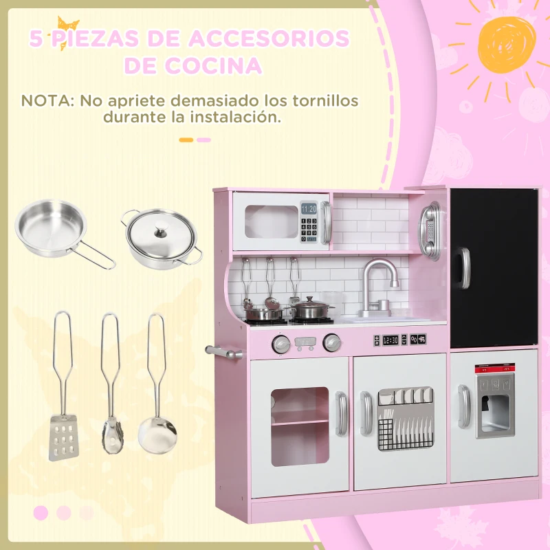 AIYAPLAY Cocina para Niños de +3 Años con Accesorios para Cocinar Pizarra Máquina de Hielo y Teléfono 83,8x26,8x81 cm Rosa(m-7)